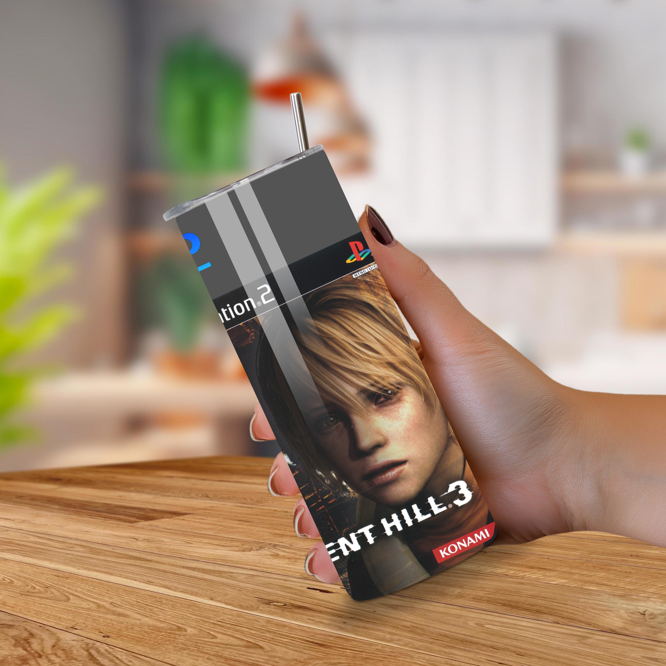 20oz Tumbler with a design Silent Hill 3 wooden surface.