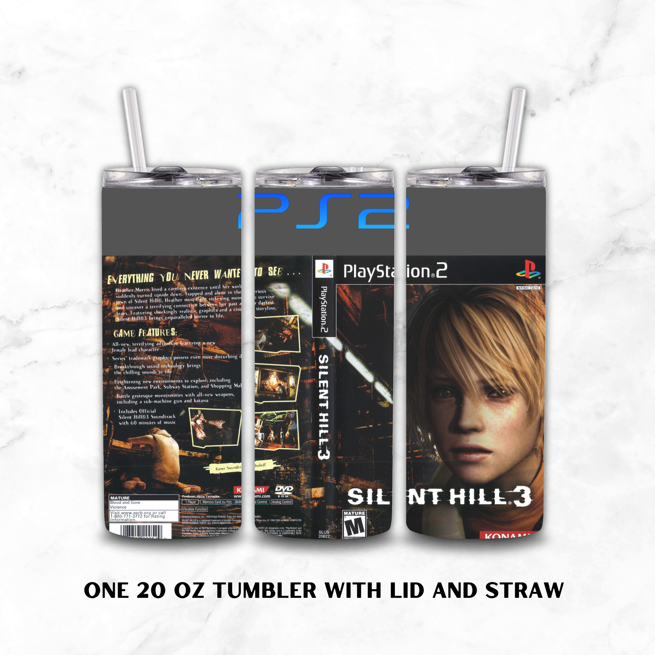 Three views of a 20 oz tumbler with lid and straw, featuring a custom PlayStation 2 / Silent Hill 3 video game wrap design, displayed on a white marble background.