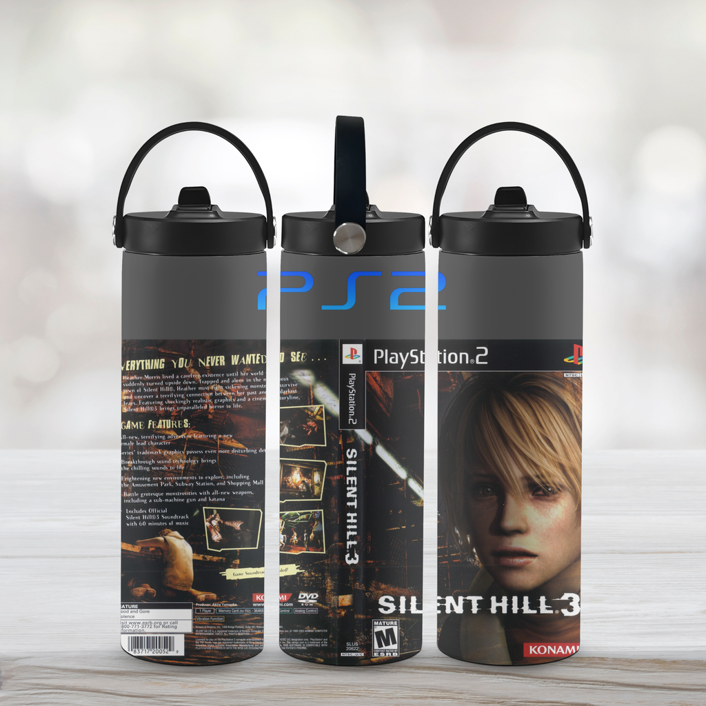Three sports water bottle designs inspired by 'Silent Hill 3' and PlayStation 2 branding on a light wooden surface.