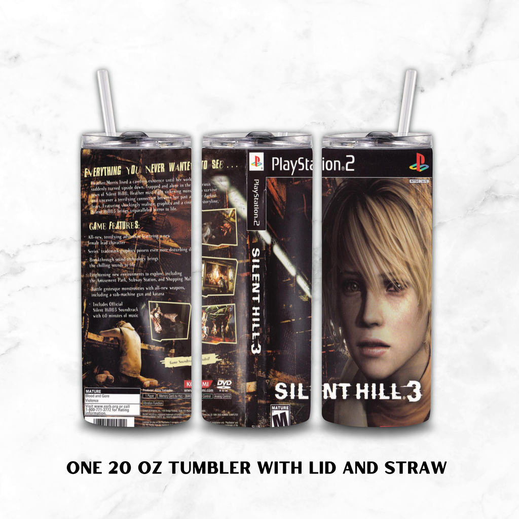 Three views of a 20 oz tumbler with lid and straw, featuring custom wrap-around artwork from Silent Hill 3 and PlayStation 2 branding, shown on a white marble background.