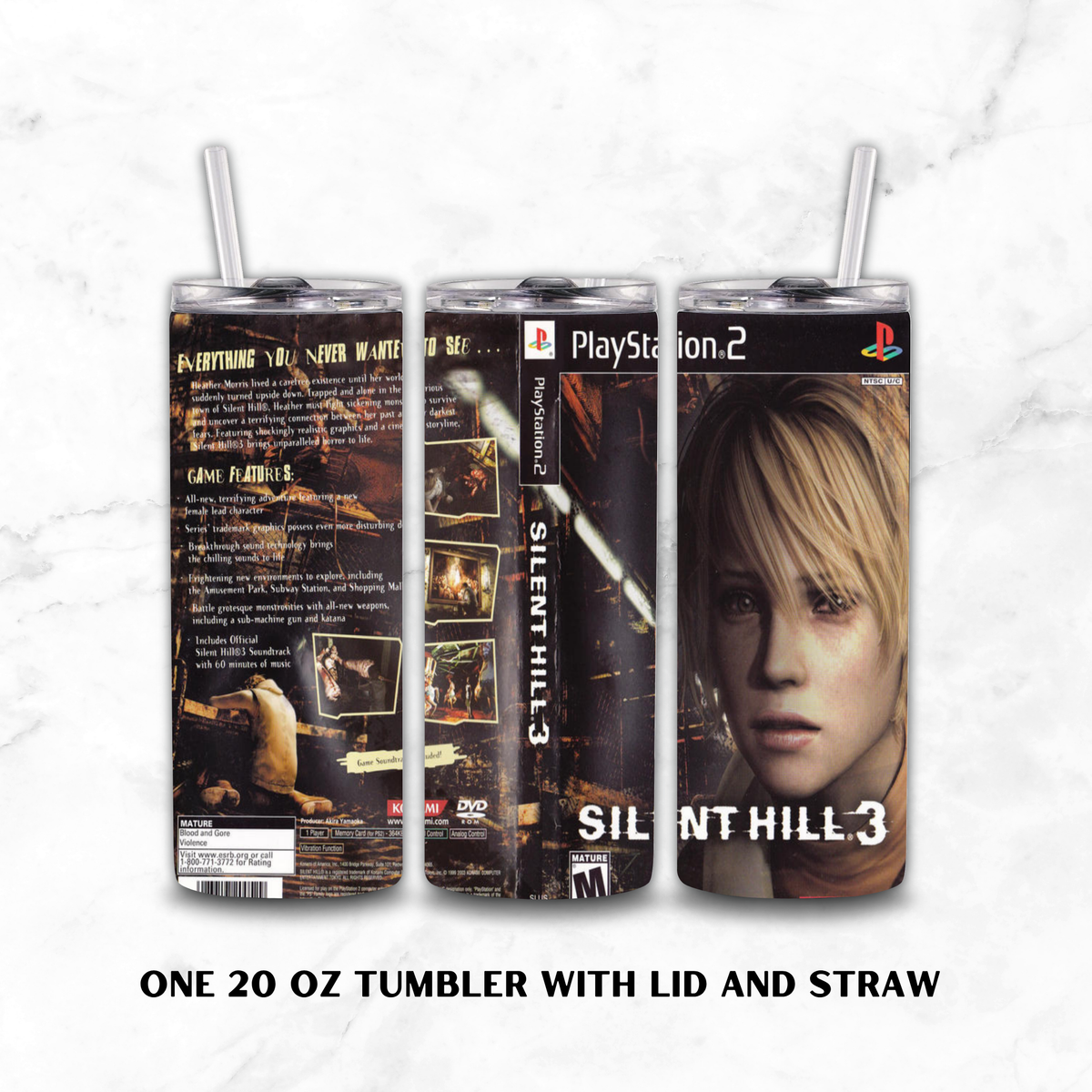 Three views of a 20 oz tumbler with lid and straw, featuring custom wrap-around artwork from Silent Hill 3 and PlayStation 2 branding, shown on a white marble background.