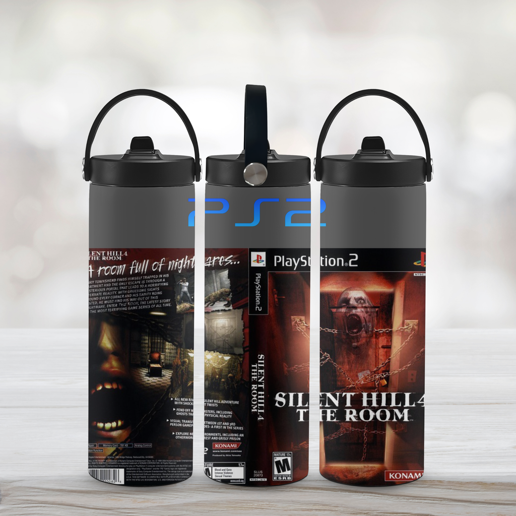 Three sports water bottle with 'Silent Hill 4: The Room' and PlayStation 2 branding on a light background.