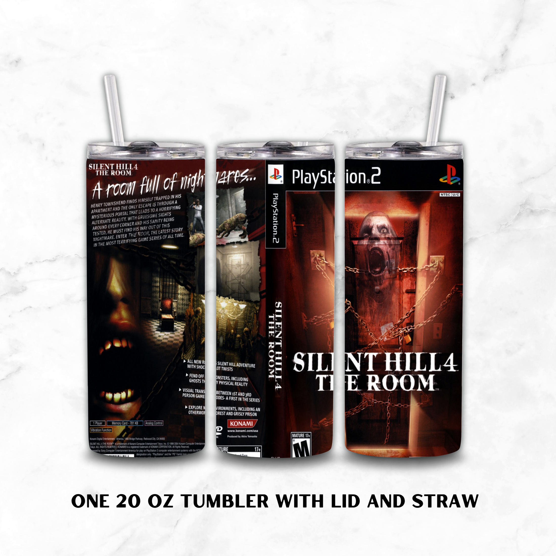 Three views of a 20 oz insulated tumbler with lid and straw, printed with PlayStation 2 Silent Hill 4: The Room game artwork, shown on a light marble background with text reading 'ONE 20 OZ TUMBLER WITH LID AND STRAW'.