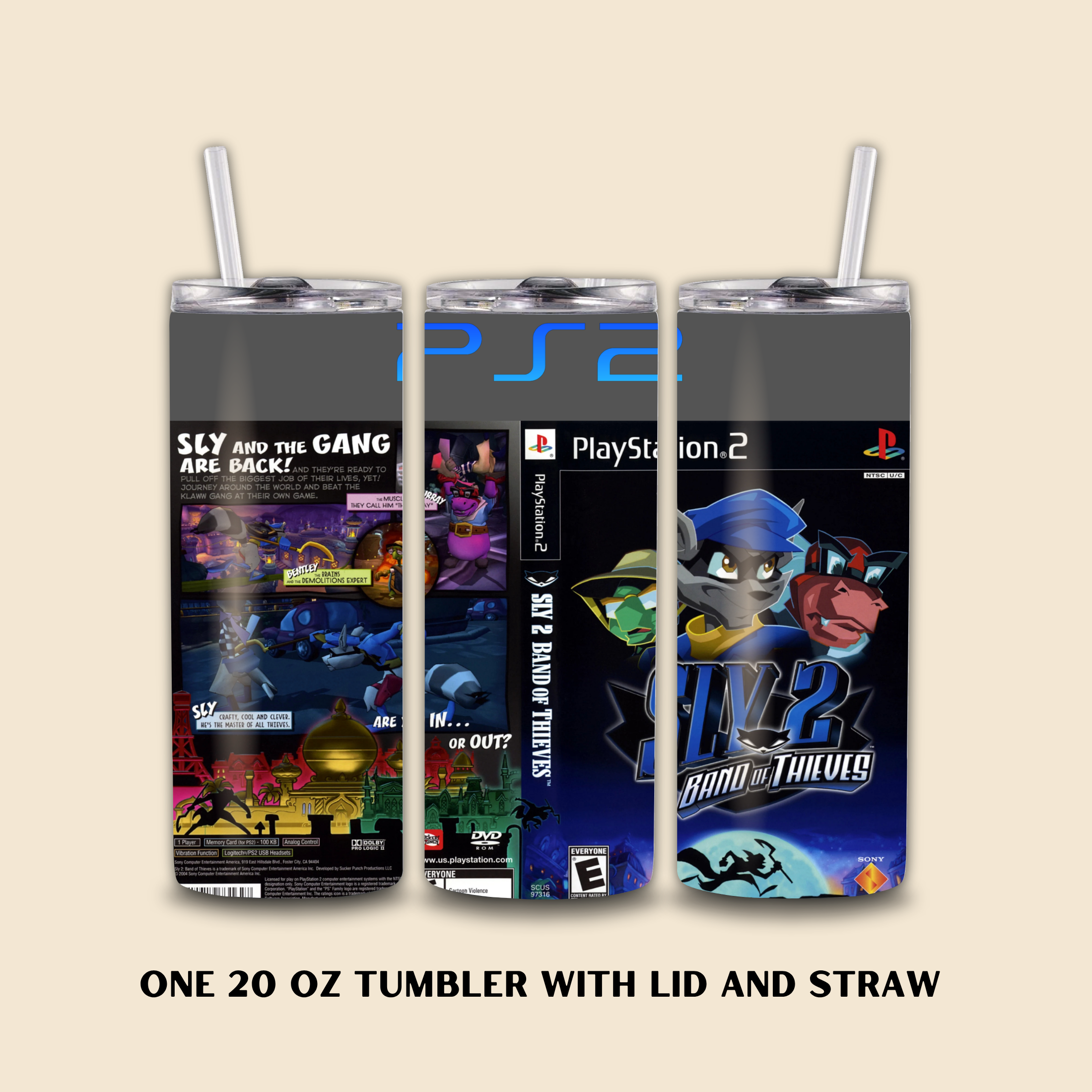 Three 20 oz tumblers with Sly 2 designs on a beige background.