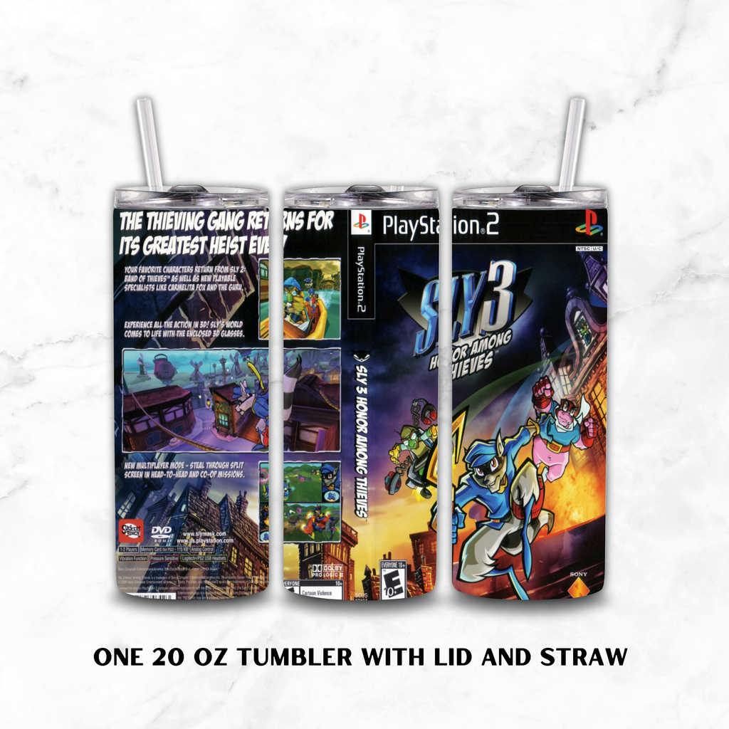Three views of a 20 oz skinny tumbler with lid and straw, wrapped in a PlayStation 2 video game art skin featuring Sly 3 Honor Among Thieves. The tumbler is shown from the back, side, and front on a white marble background with text below reading 'ONE 20 OZ TUMBLER WITH LID AND STRAW'.