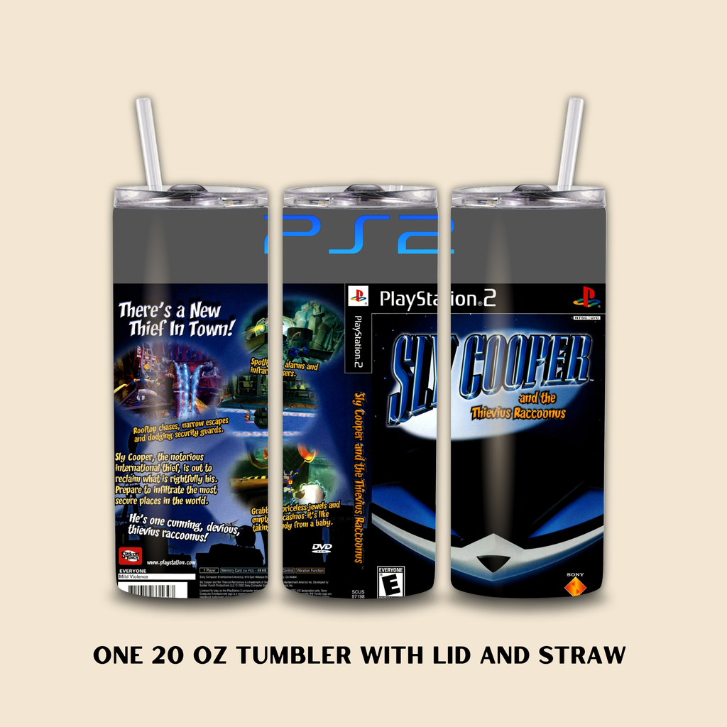 Three 20 oz tumblers with PlayStation 2 game Sly Cooper on a beige background