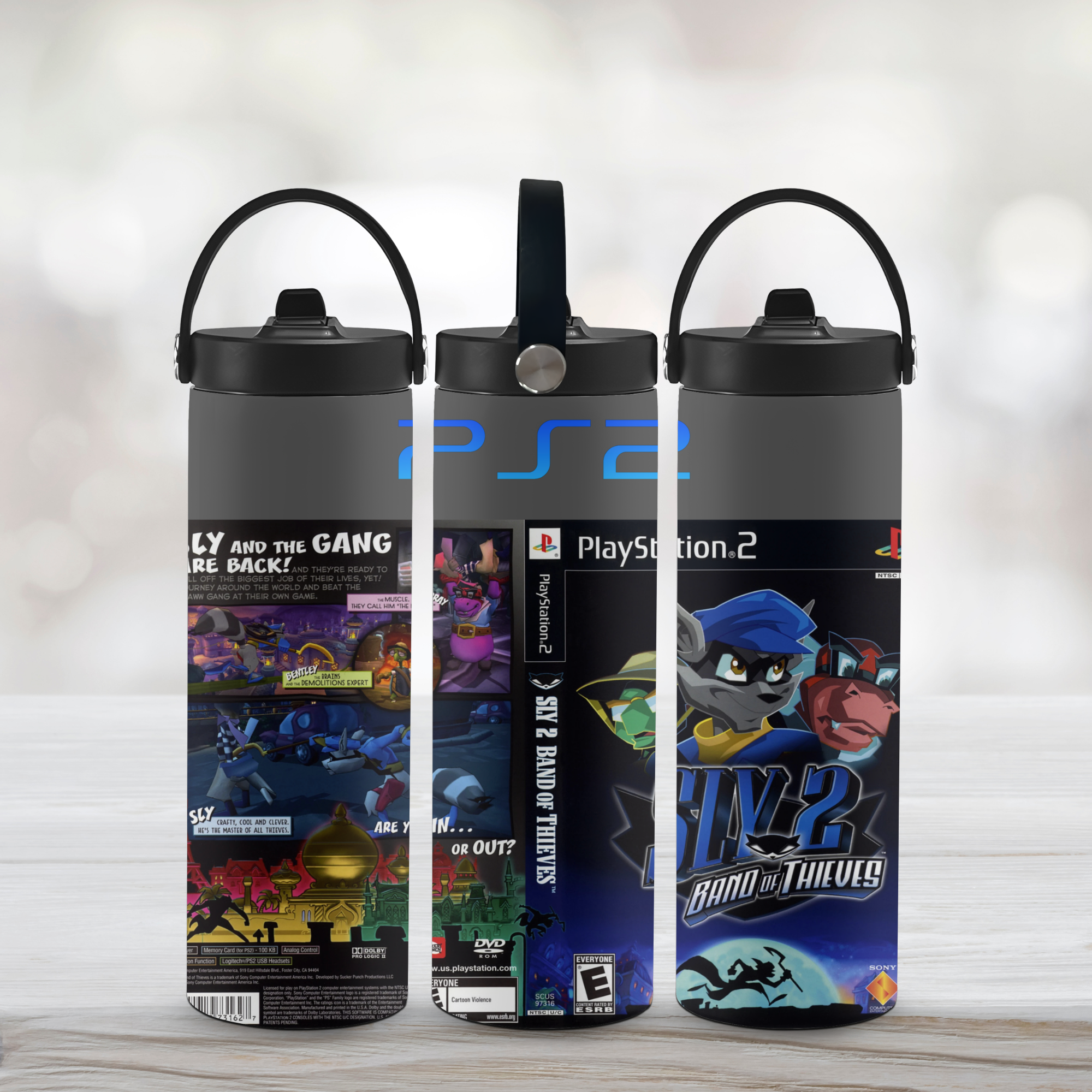 Three sports water bottles with Sly 2-themed designs on a light background
