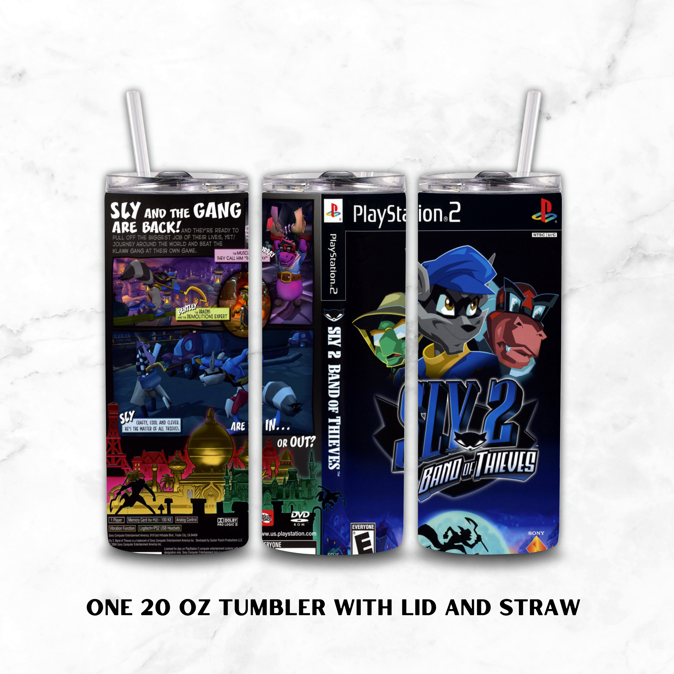 Three views of a 20 oz tumbler with lid and straw featuring PlayStation 2 'Sly 2: Band of Thieves' artwork, shown on a white marble background with text reading 'ONE 20 OZ TUMBLER WITH LID AND STRAW'.
