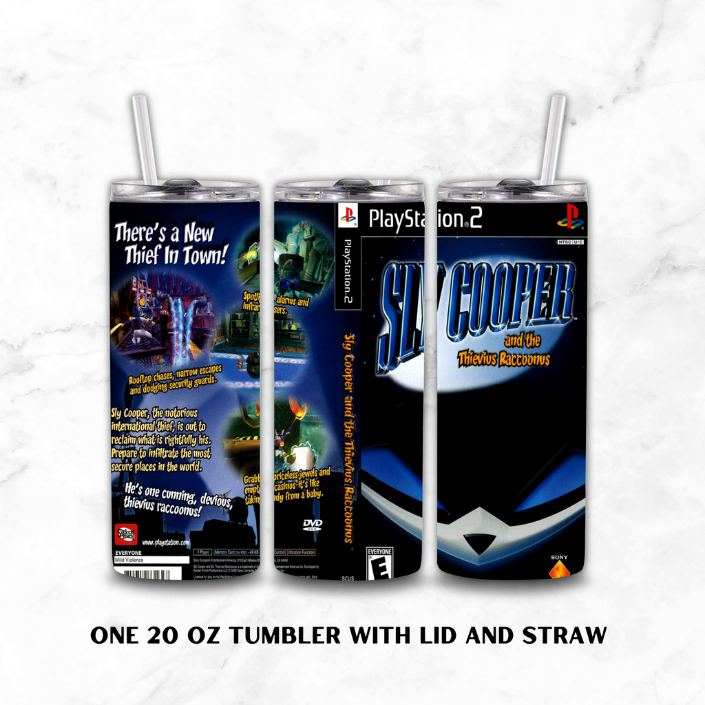 Three views of a 20 oz tumbler with lid and straw, featuring a custom PlayStation 2 'Sky Cooper' video game wrap design, displayed on a white marble background.