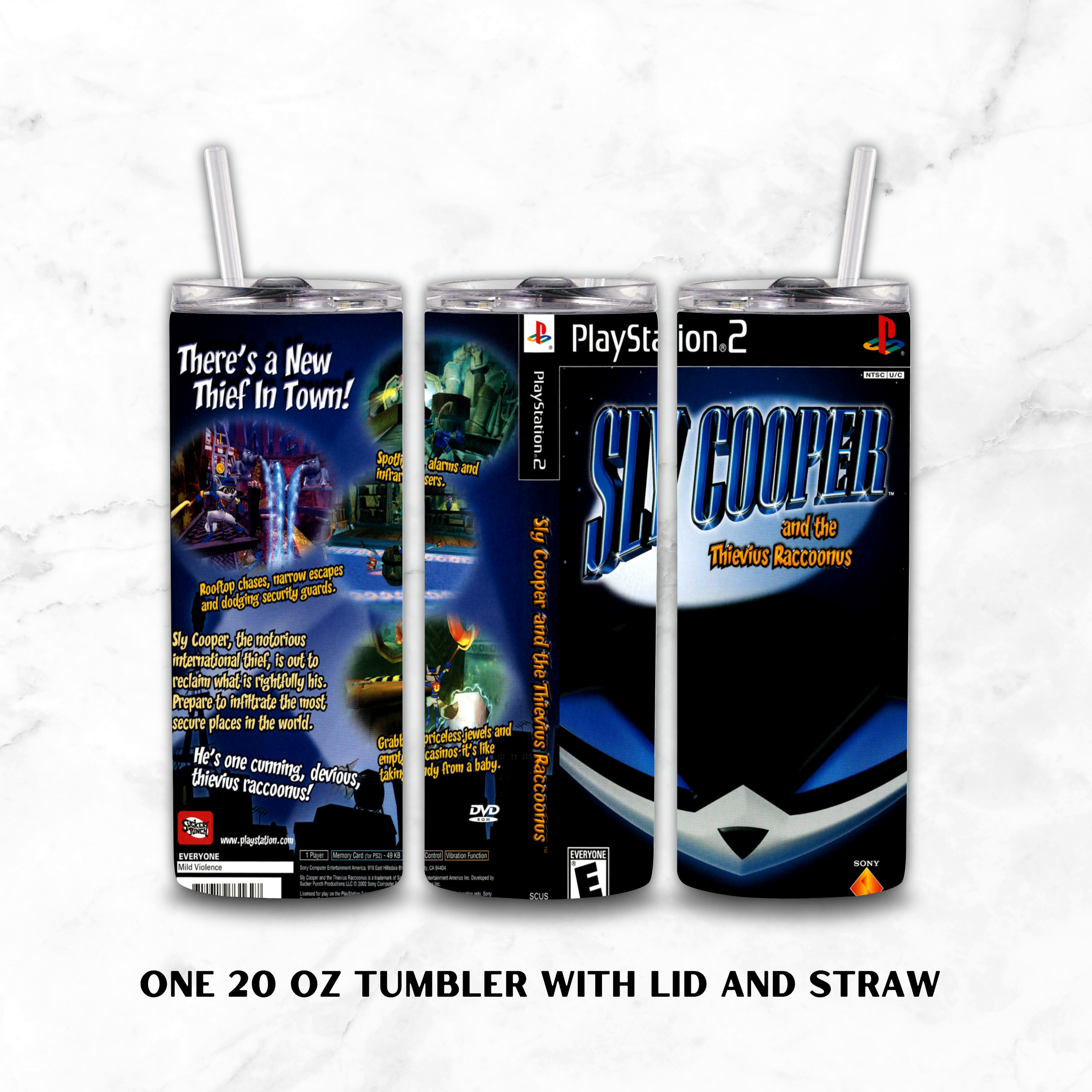 Three views of a 20 oz tumbler with lid and straw, featuring a custom PlayStation 2 'Sky Cooper' video game wrap design, displayed on a white marble background.