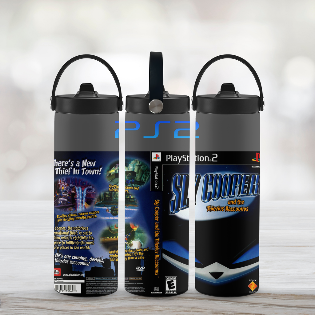 Three cylindrical tumbler designs inspired by PlayStation 2 game 'Sly Cooper' on a light gray background.