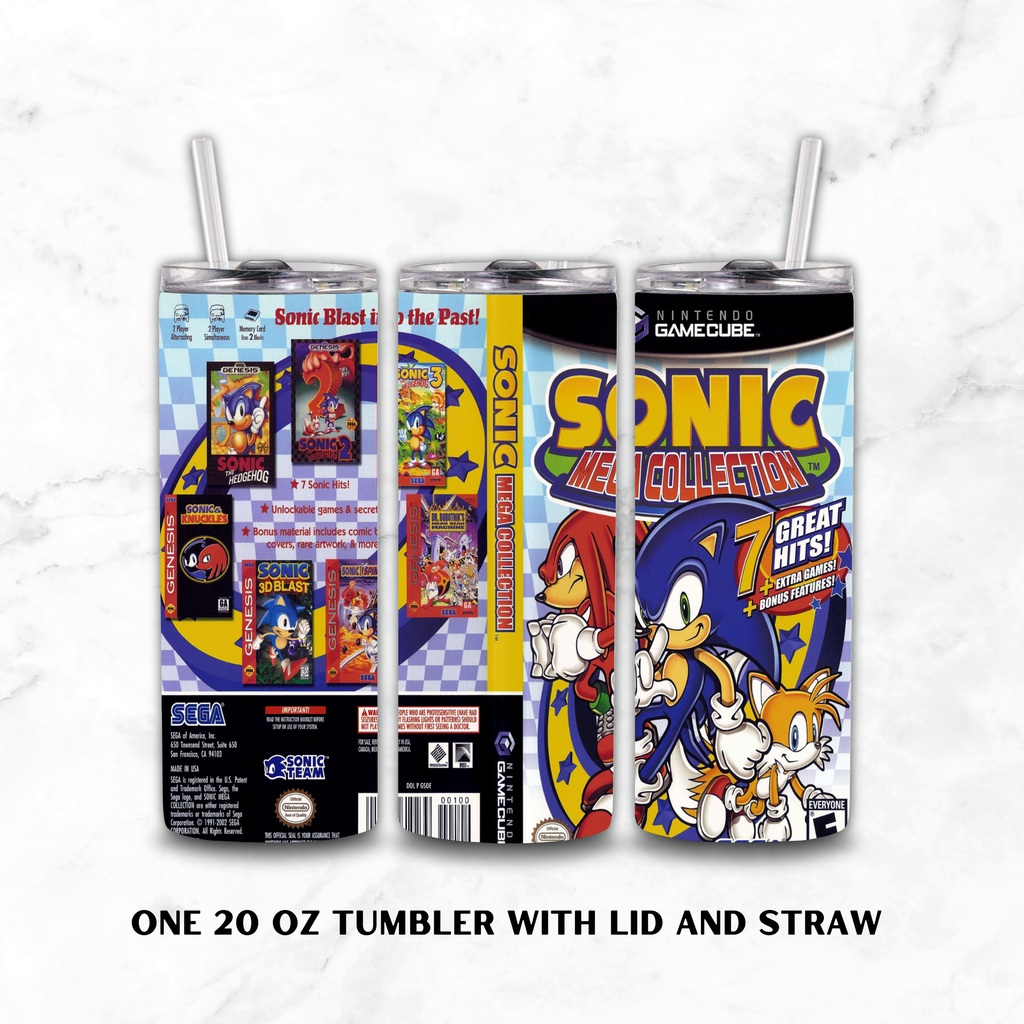Three views of a 20 oz tumbler with lid and straw, featuring Sonic Mega Collection game box art on a white marble background. The left view shows the back with game cover images and text, the middle shows the spine, and the right shows the front with Sonic, Knuckles, and Tails artwork.