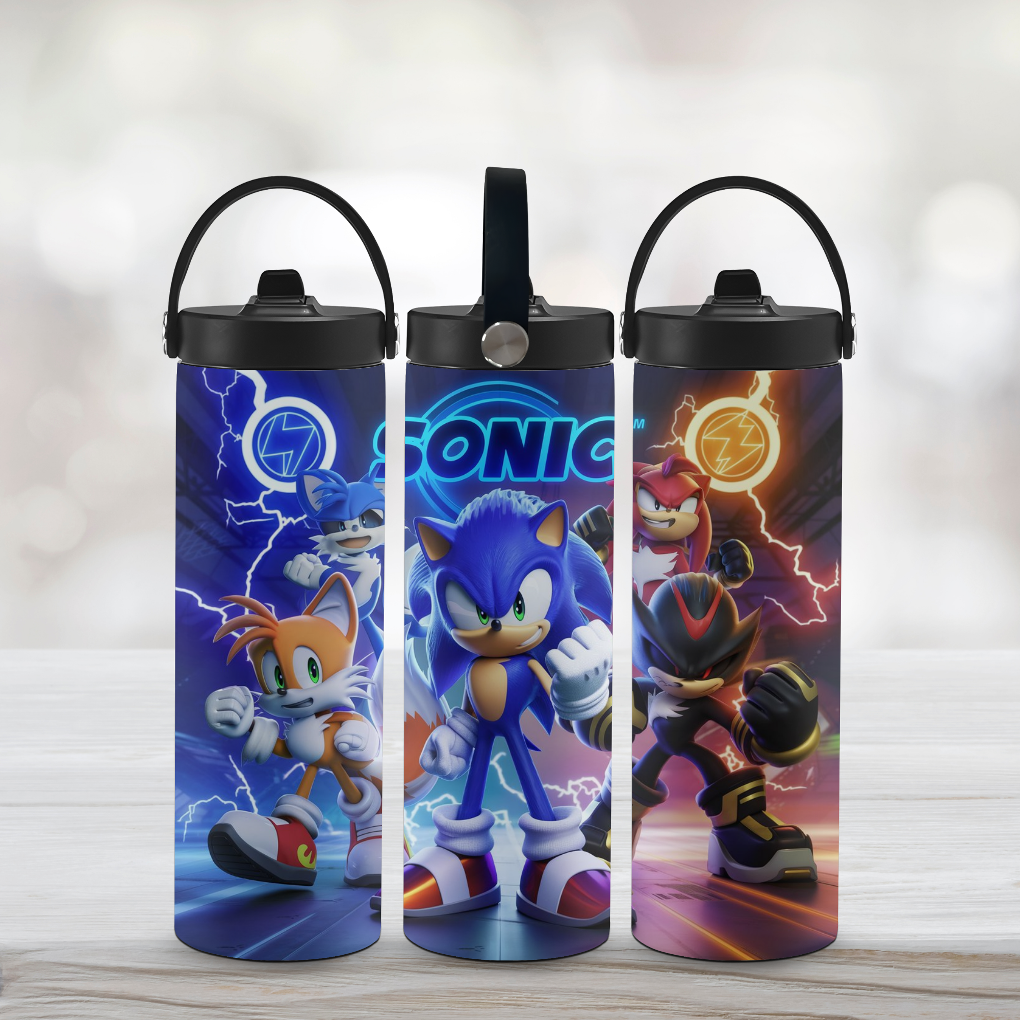3 Water Bottles with Sonic image and white background.