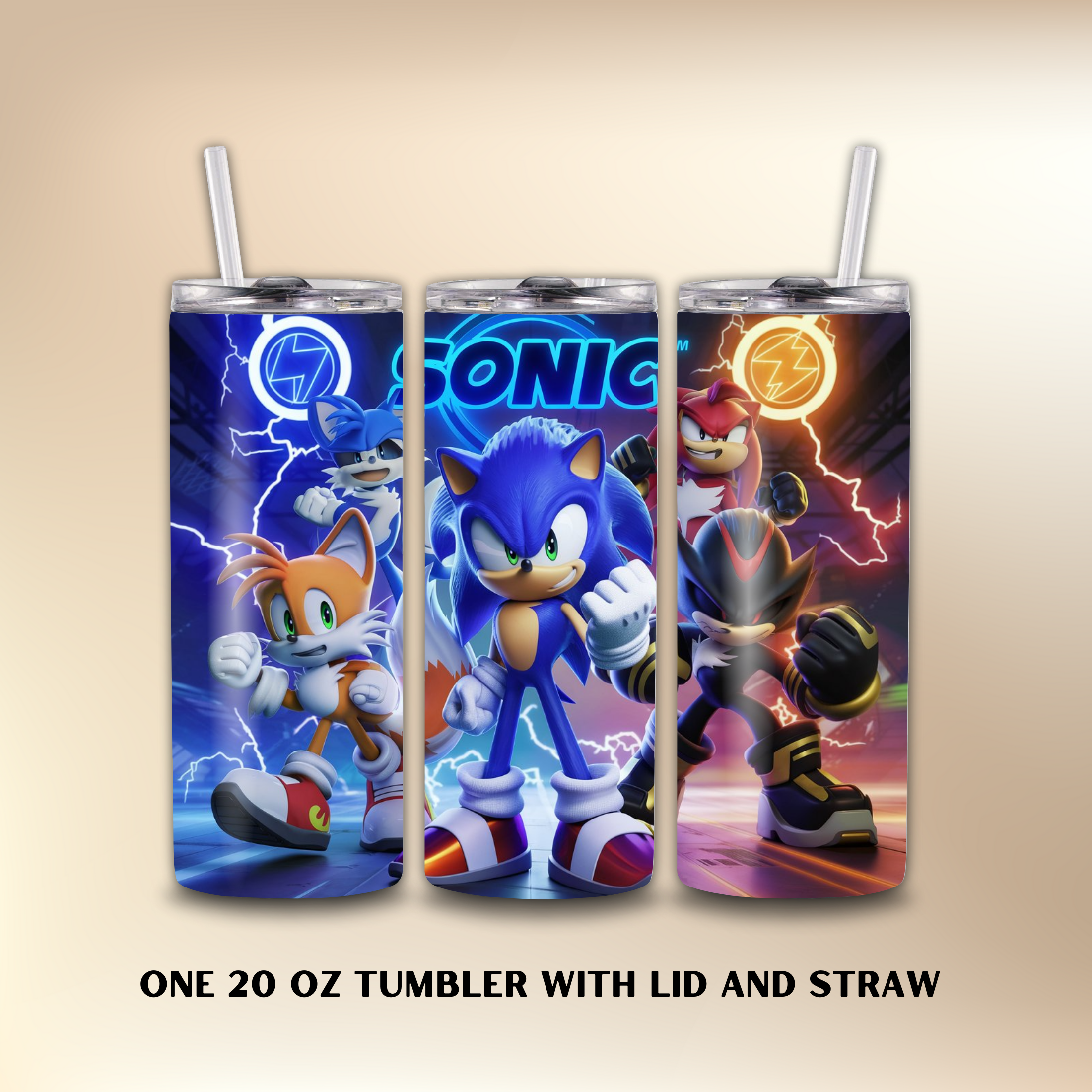 Three 20 oz tumblers with Sonic the Hedgehog design on a beige background.