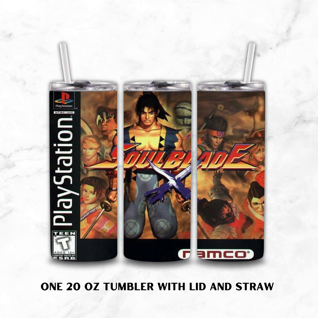 Three views of a 20 oz tumbler with lid and straw, featuring a Soul Blade PlayStation game cover print, shown on a white marble background with text at the bottom.