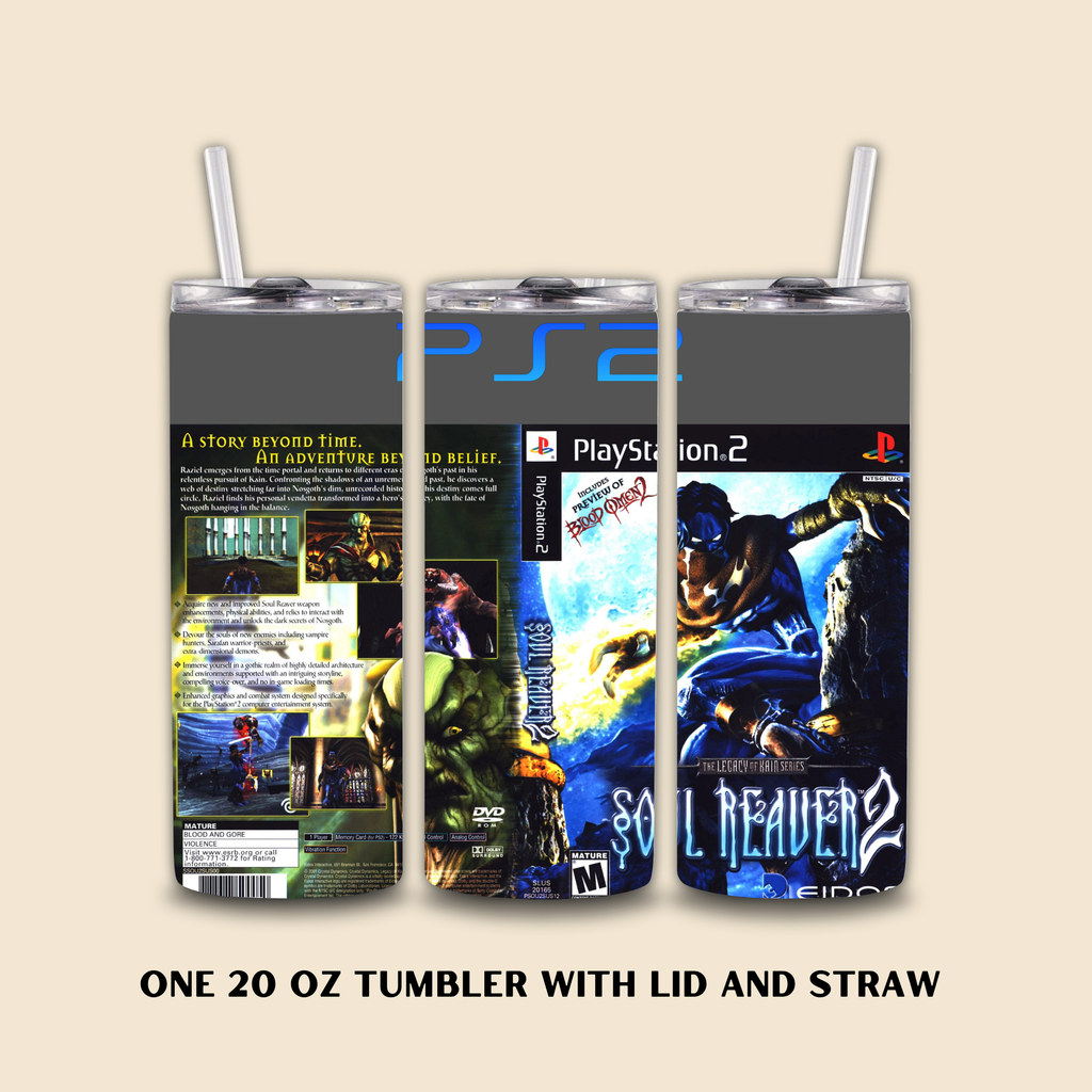 Three 20 oz tumblers with lids and straws featuring PlayStation 2 game Soul Reaver 2 on a beige background.