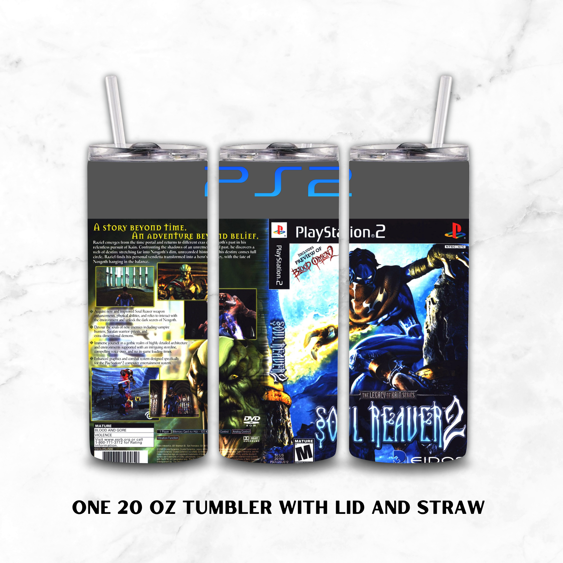 Three views of a 20 oz tumbler with lid and straw, printed with PlayStation 2 and Soul Reaver 2 artwork, shown on a light marble background.