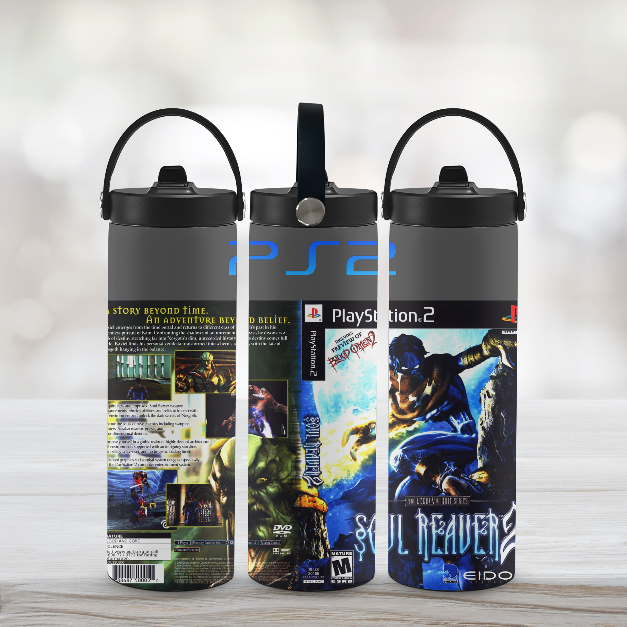 Three cylindrical water bottles with PlayStation 2 game Soul Reaver 2 on a light wooden surface.