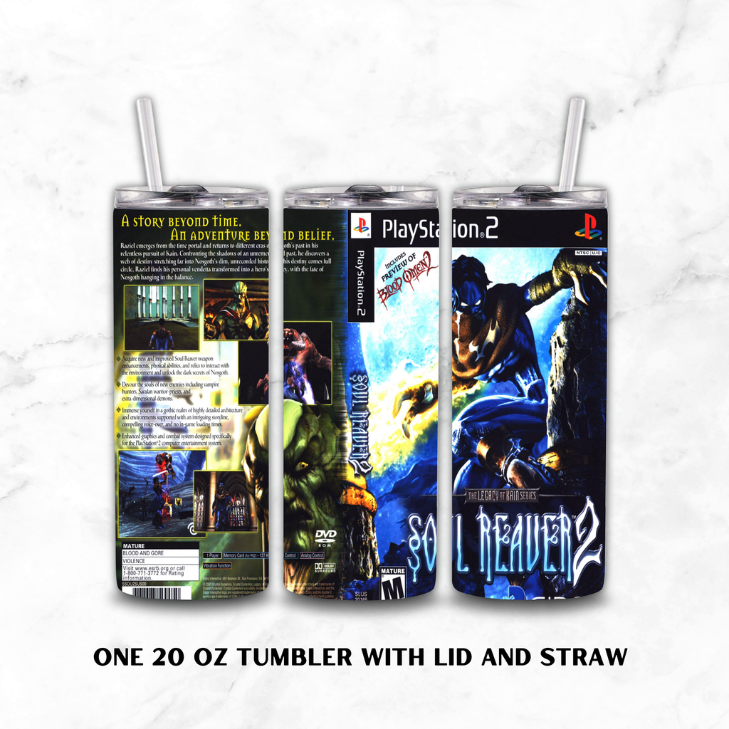 Three views of a 20 oz tumbler with lid and straw, featuring a wraparound PlayStation 2 'Soul Reaver 2' game cover design, shown on a white marble background with text below.
