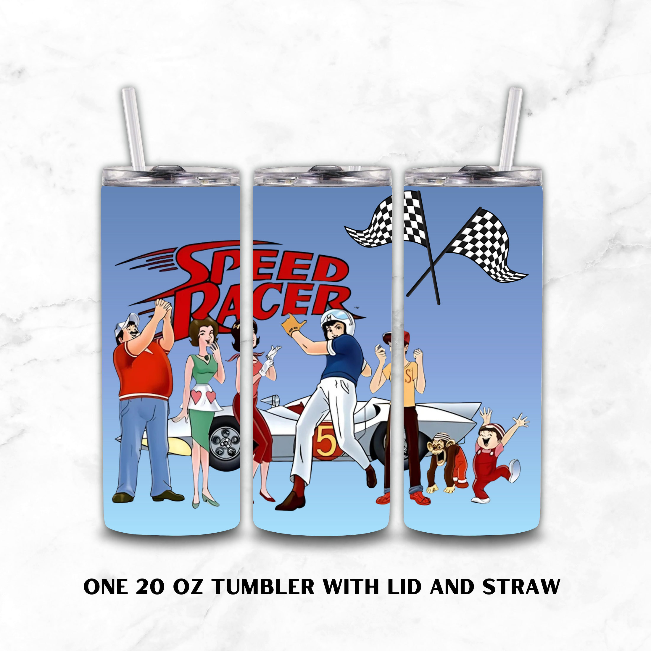 Three 20 oz tumblers with lids and straws shown side by side on a white marble background. The tumblers feature a colorful 'Speed Racer' cartoon graphic with a white race car, checkered flags, and racing characters.
