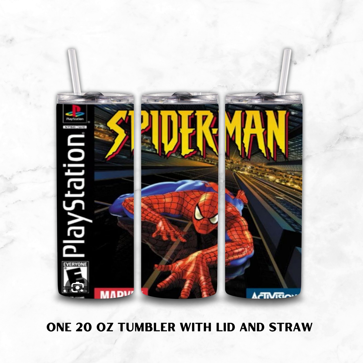 Three views of a 20 oz tumbler with lid and straw, printed with a PlayStation-style Spider-Man game cover design. The artwork shows Spider-Man in red and blue on a dark city background with large yellow 'SPIDER-MAN' text.