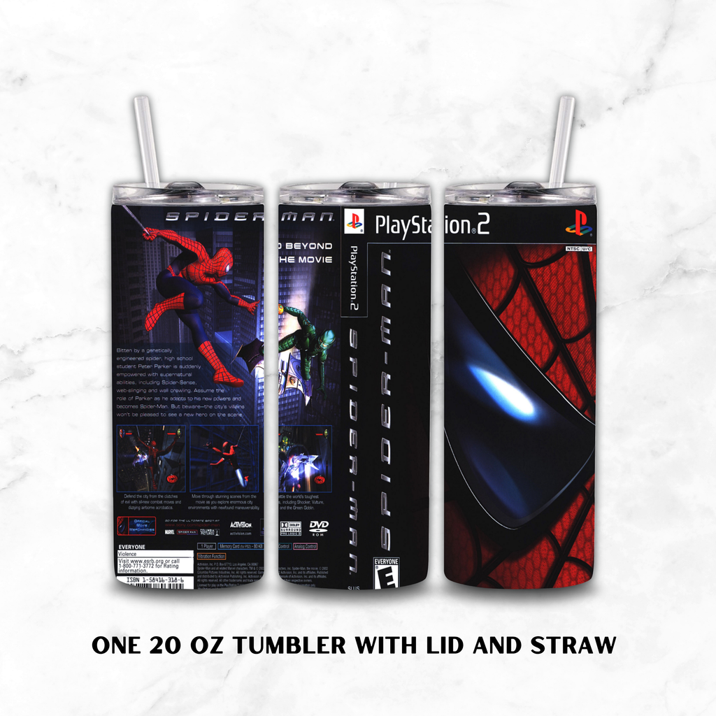 Three views of a 20 oz stainless steel tumbler with lid and straw, featuring Spider-Man and PlayStation 2 themed wraparound graphics on a white marble background.