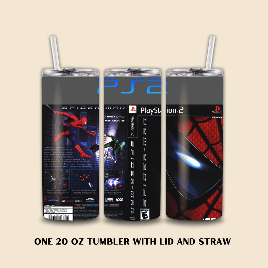 Spider-Man tumbler with lid and straw on a beige background