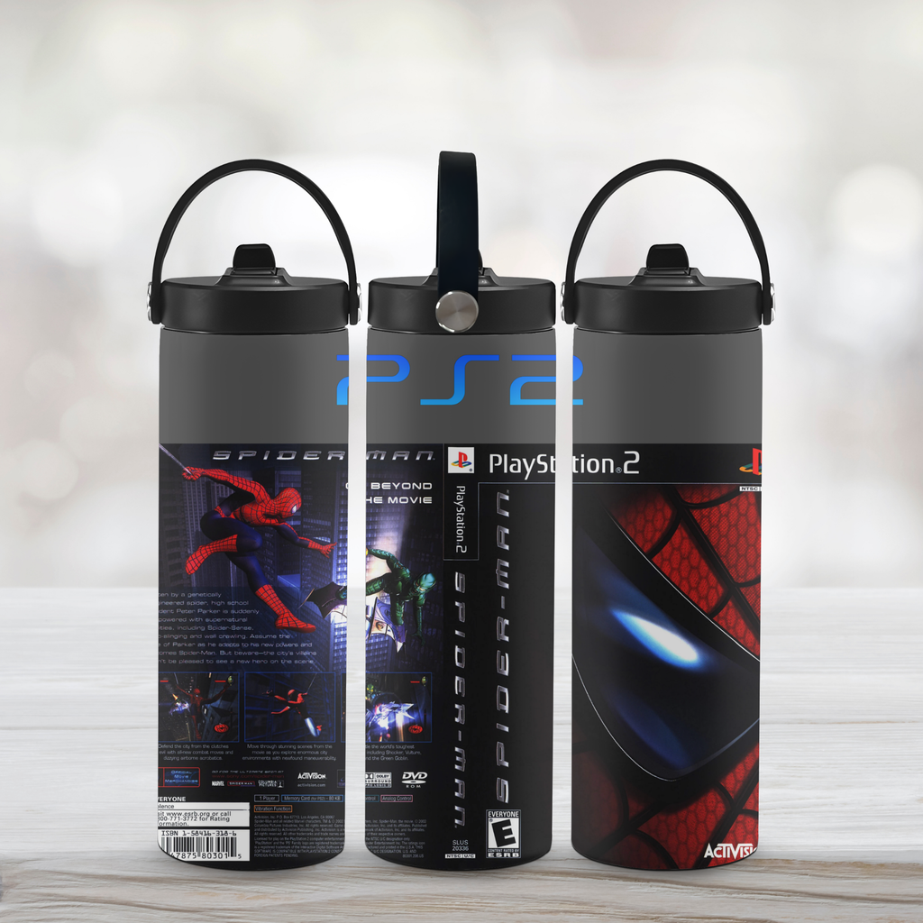 Three Spider-Man PlayStation 2 themed sports water bottles on a light wooden surface.