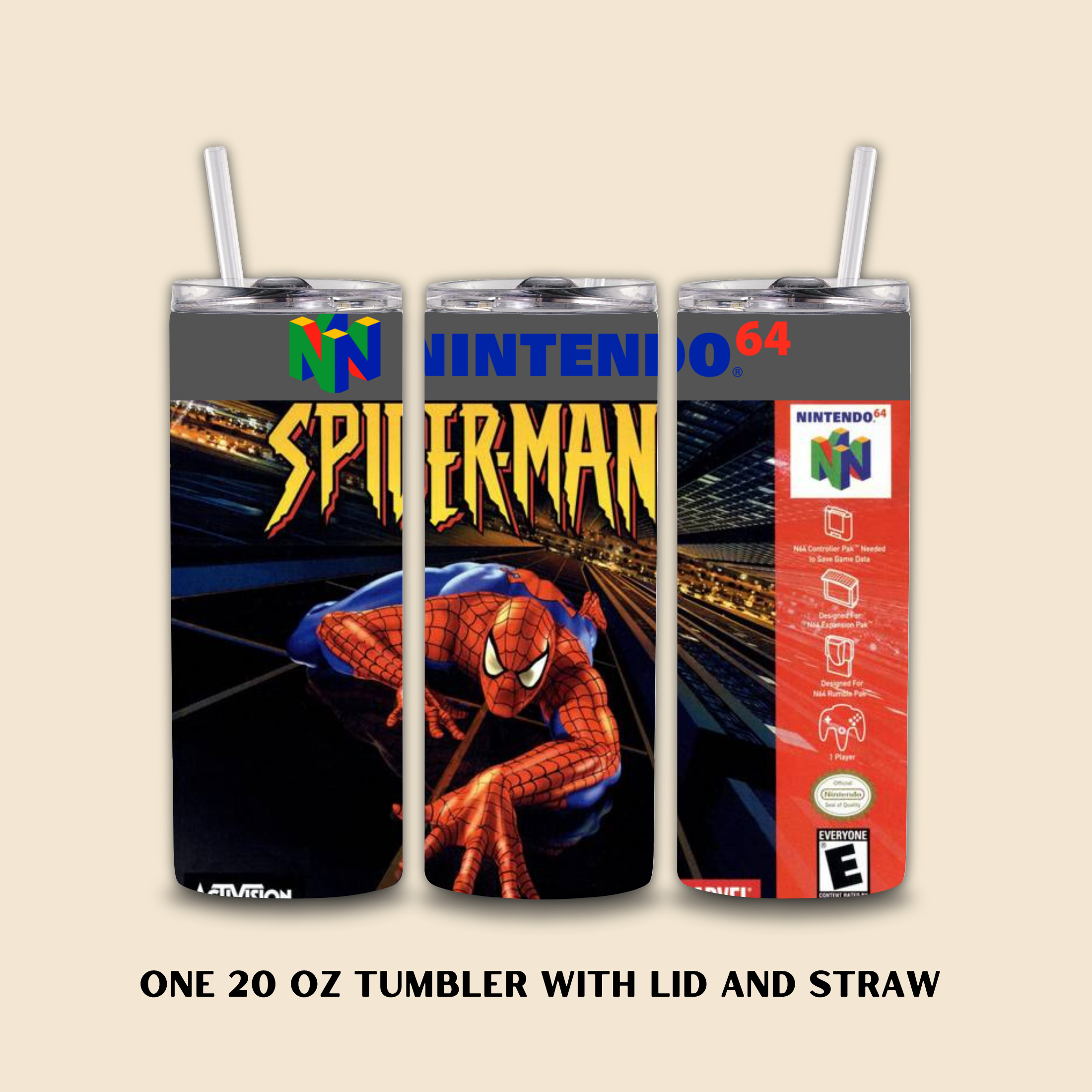 Three tumbler designs featuring Spider-Man and Nintendo branding on a beige background.