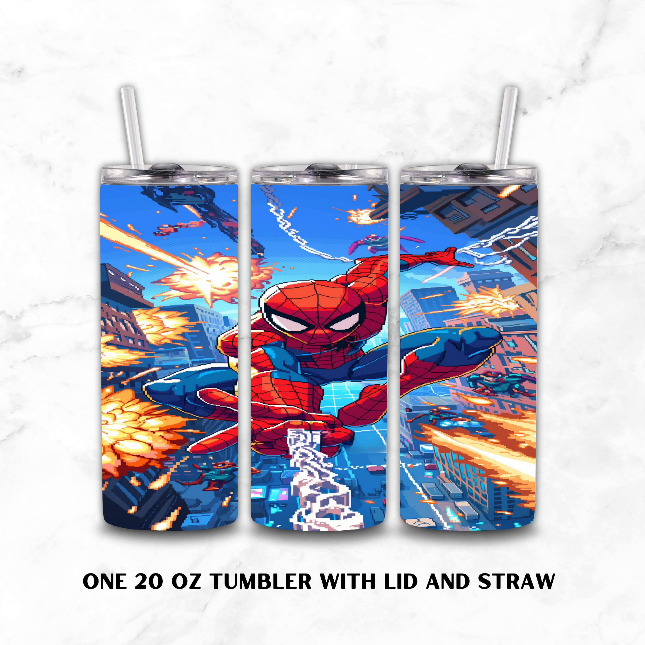 Three views of a 20 oz tumbler with lid and straw, featuring a vibrant Spider-Man comic-style illustration on a white marble background. Text at the bottom reads 'ONE 20 OZ TUMBLER WITH LID AND STRAW'.