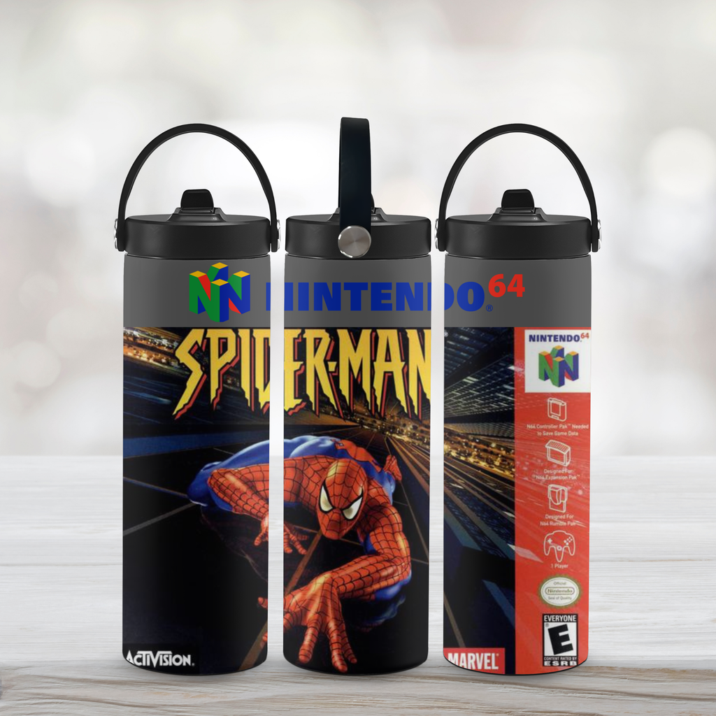 Three water bottles with Spider-Man and Nintendo 64 branding on a light background