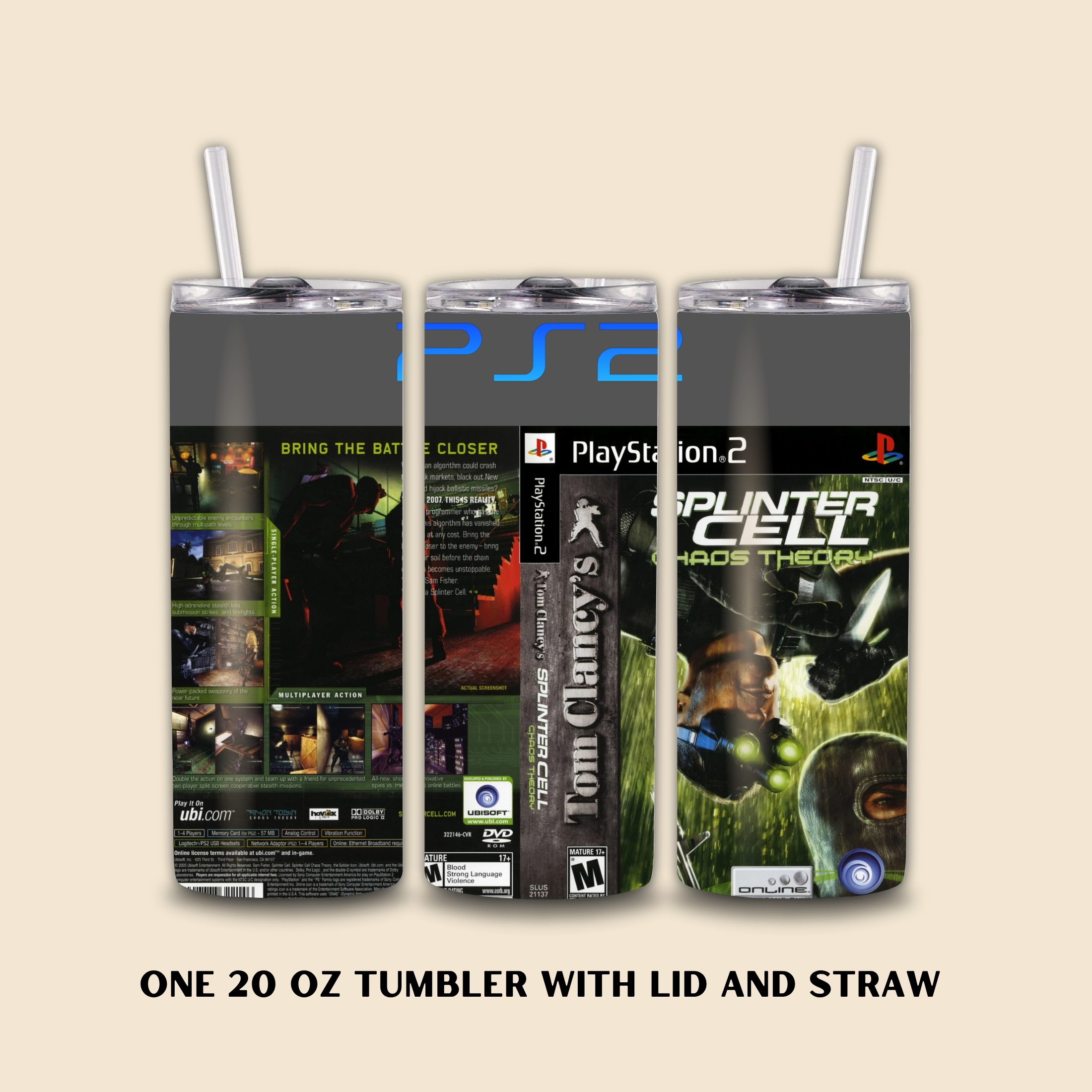 Three 20oz tumbler with Splinter Cell game cases on a beige background