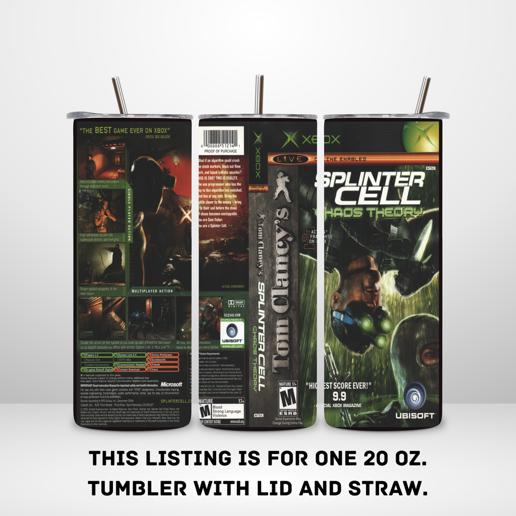Three views of a 20 oz tumbler with lid and straw, printed with Xbox Splinter Cell: Chaos Theory game artwork, shown on a light gray background with text stating the listing is for one 20 oz tumbler.