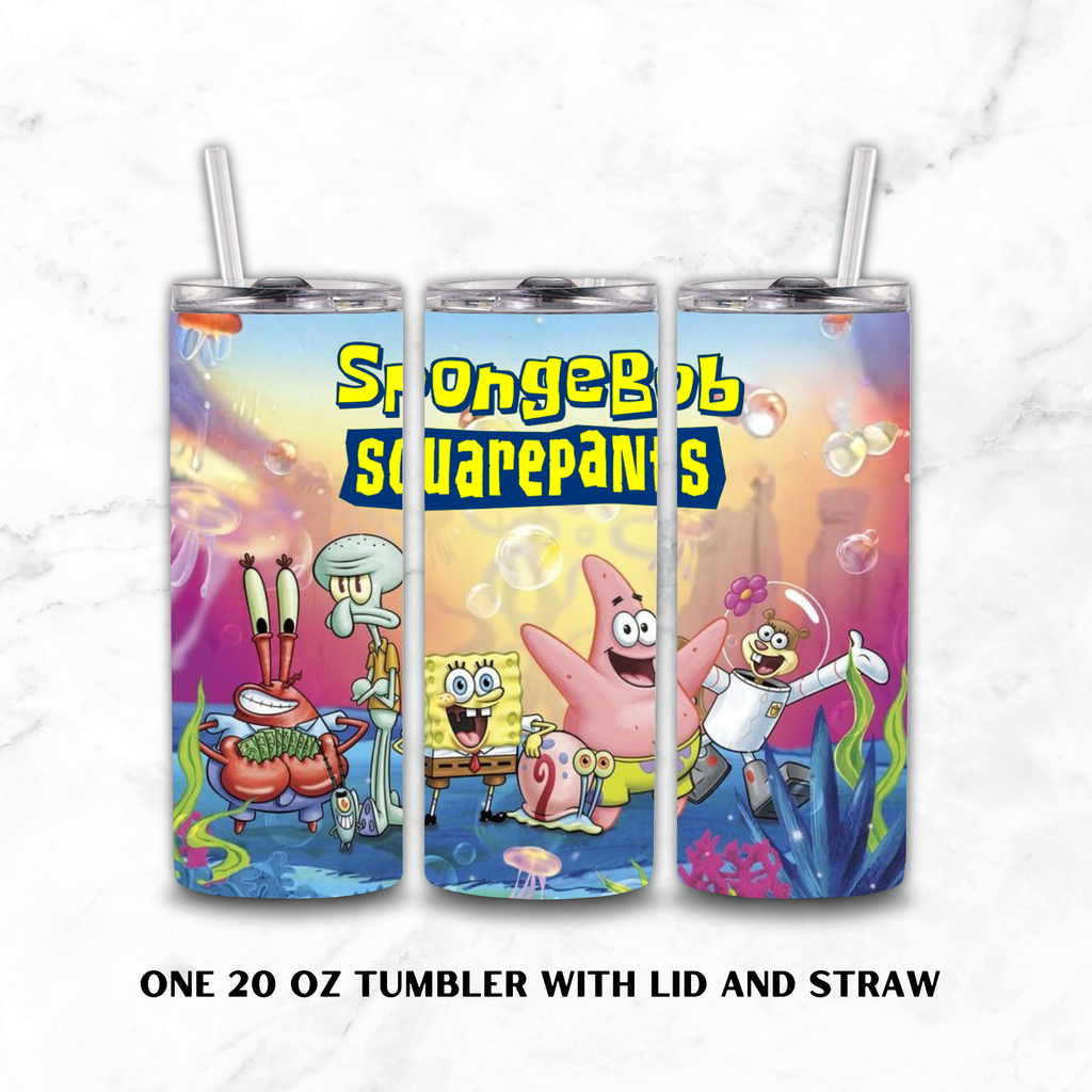 Three views of a 20 oz stainless steel tumbler with lid and straw, featuring colorful SpongeBob SquarePants underwater character artwork and the show's title. The tumblers are shown on a light marble background with text below reading 'ONE 20 OZ TUMBLER WITH LID AND STRAW'.