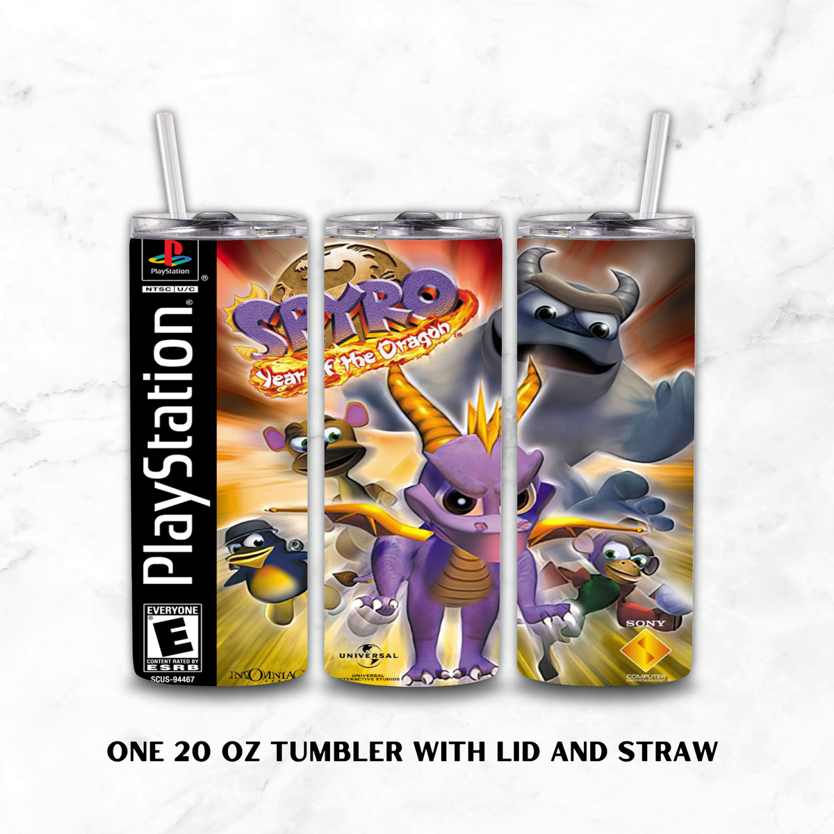 Three views of a 20 oz tumbler with lid and straw, featuring Spyro year of the Dragon and PlayStation artwork on a white marble background.