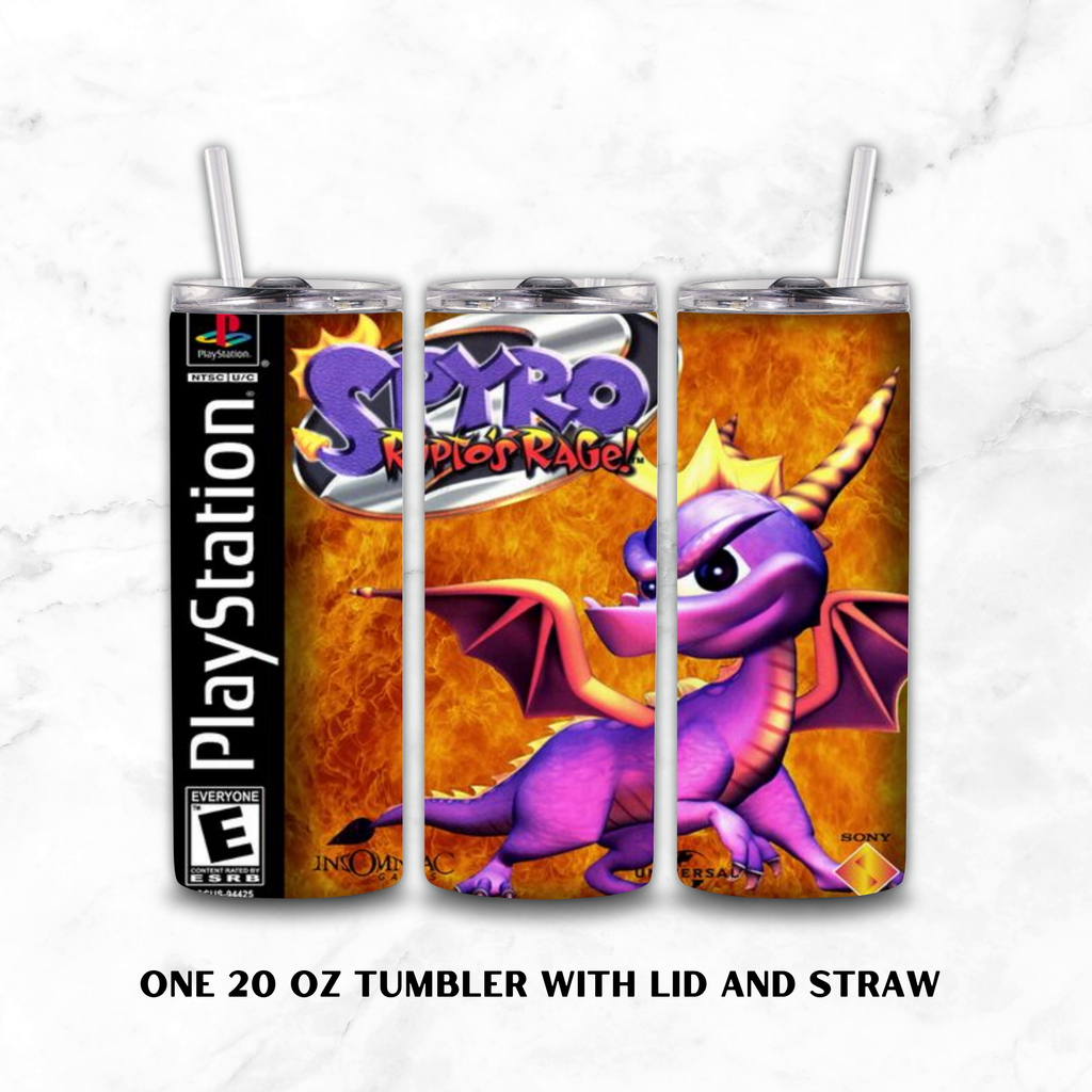 Three views of a 20 oz tumbler with lid and straw, featuring a Spyro 2 Ripto's Rage graphic on a fiery orange background, with a PlayStation logo on the left view.