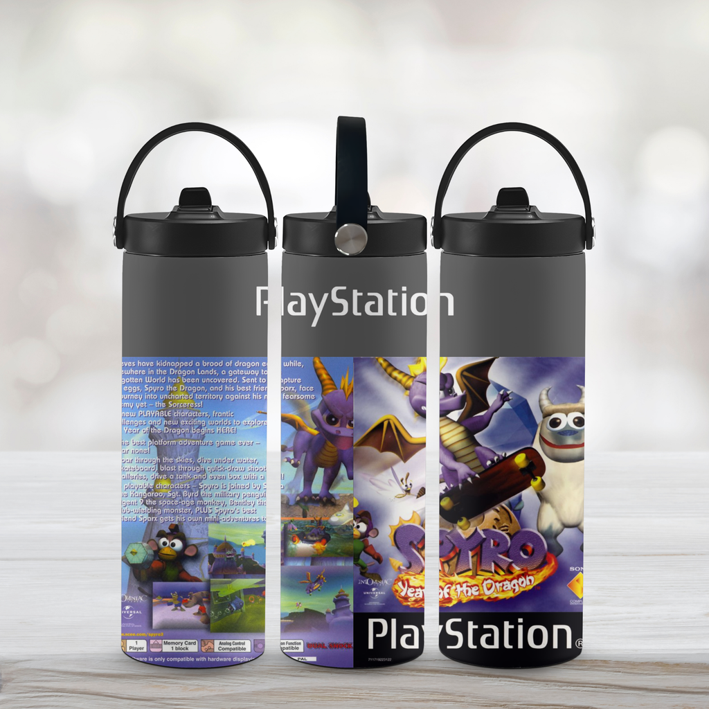 Three sports water bottles with PlayStation branding and Spyro the Dragon graphics on a light wooden surface.