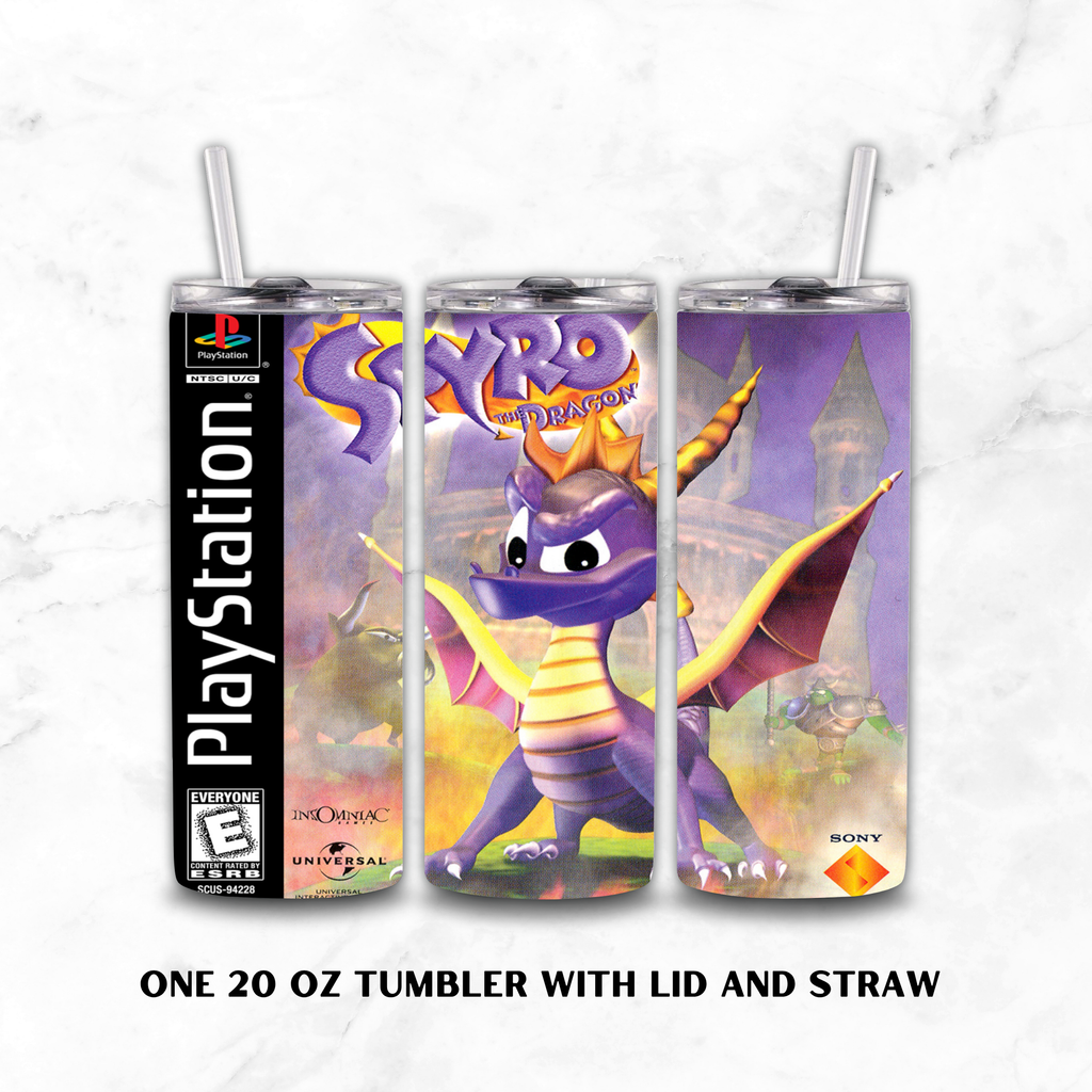 Three views of a 20 oz tumbler with lid and straw featuring Spyro the Dragon artwork and PlayStation branding, shown on a light marble background.