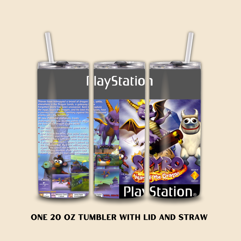 Spyro-themed tumbler with lid and straw on a beige background