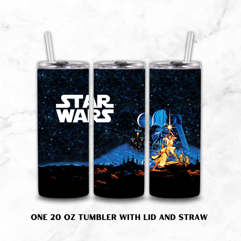Three views of a 20 oz stainless steel tumbler with lid and straw, featuring Star Wars themed wrap designs on a white marble background.