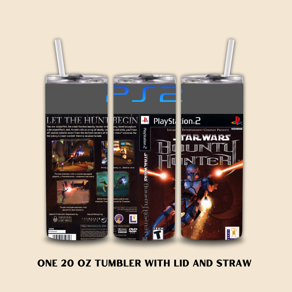 Three 20 oz tumblers with lids and straws featuring Star Wars Bounty Hunter design on a beige background.
