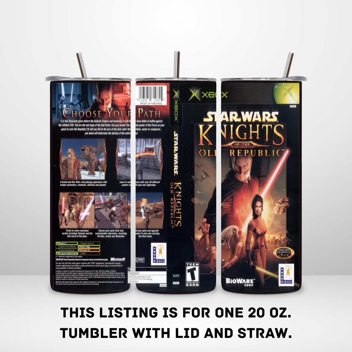 Three views of a 20 oz skinny tumbler with lid and straw, featuring a Star Wars Knights of the Old Republic video game cover design on a light gray background. Text below reads: 'THIS LISTING IS FOR ONE 20 OZ.