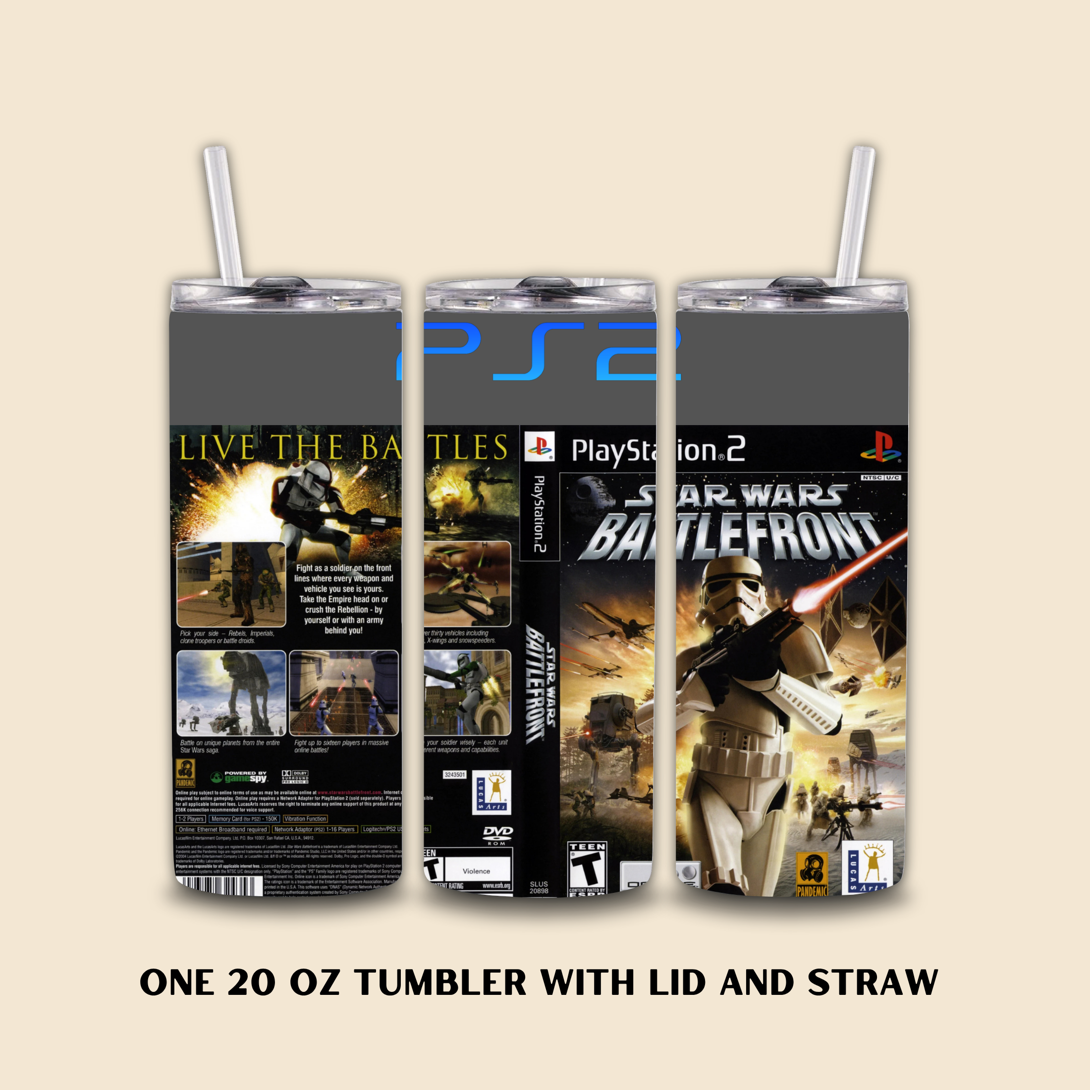Tumbler with PlayStation 2 Star Wars Battlefront design on a beige background