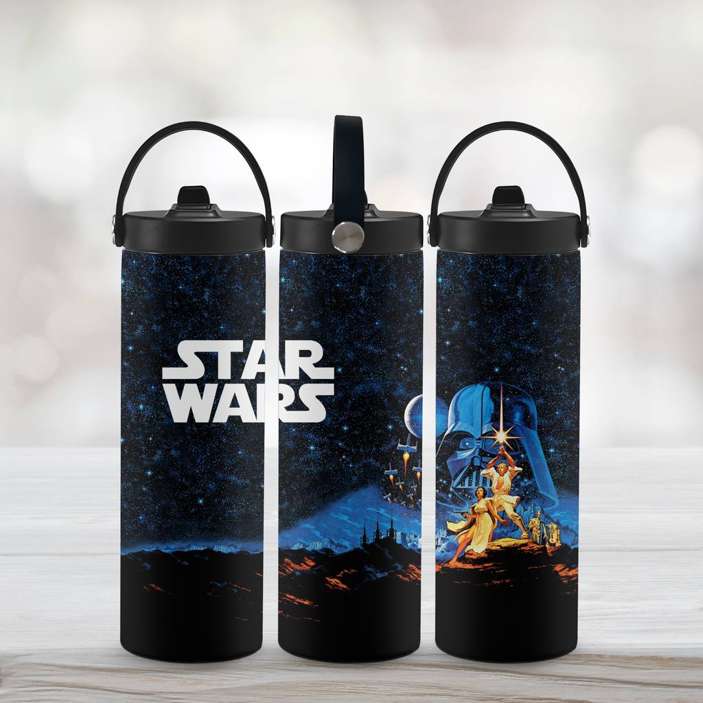 Three views of a Star Wars insulated water bottle with a black lid and carry loop, featuring a dark starry space background with Darth Vader and Luke Skywalker artwork on a light wood surface.