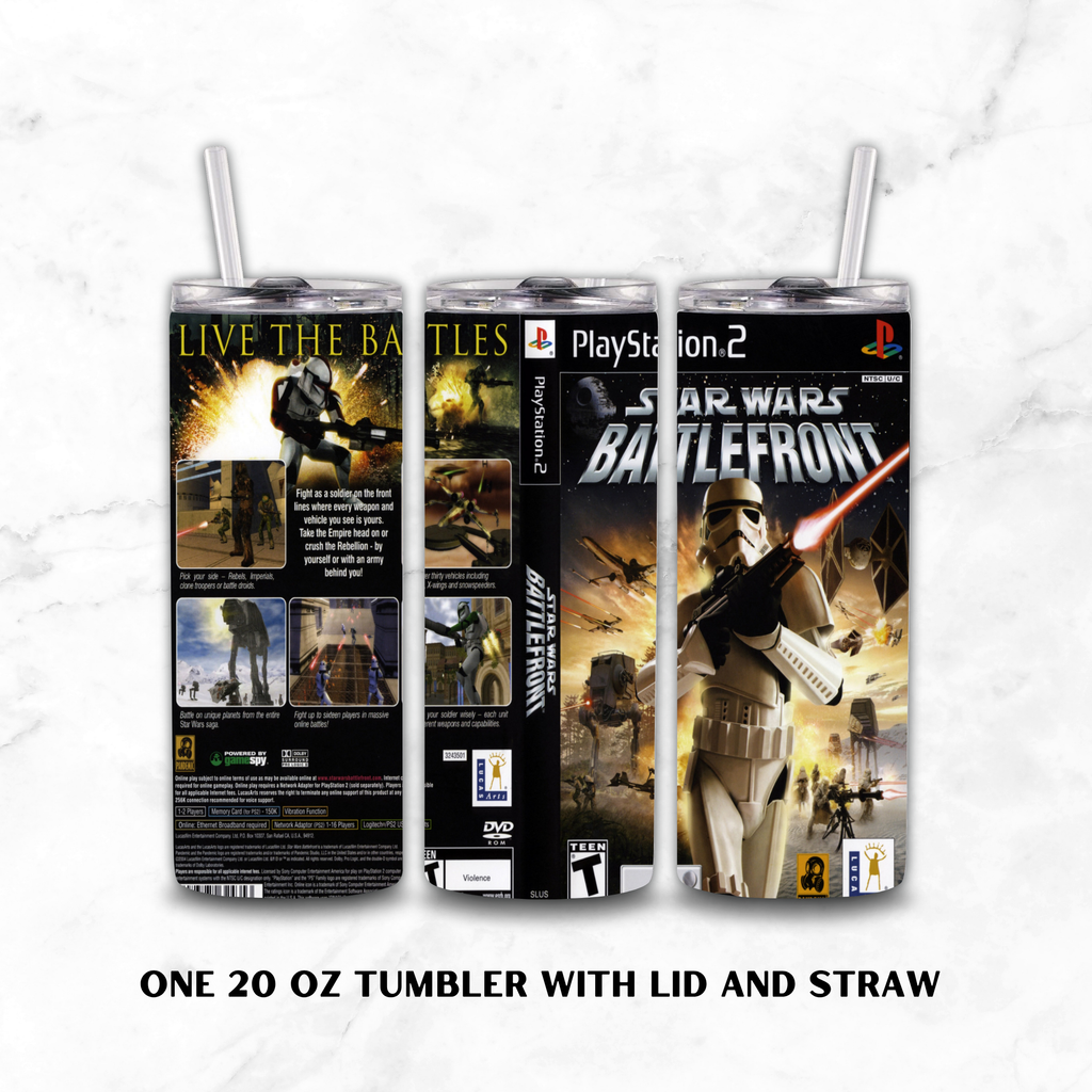 Three views of a 20 oz stainless steel tumbler with lid and straw, printed with Star Wars Battlefront artwork, shown on a white marble background with text reading 'ONE 20 OZ TUMBLER WITH LID AND STRAW'.