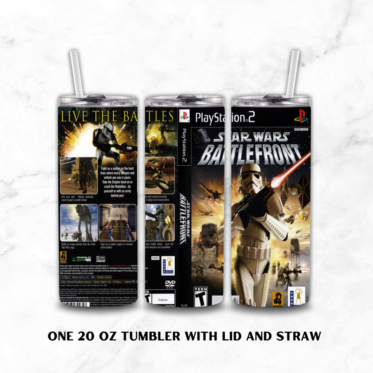 Three views of a 20 oz stainless steel tumbler with lid and straw, printed with Star Wars Battlefront artwork, shown on a white marble background with text reading 'ONE 20 OZ TUMBLER WITH LID AND STRAW'.