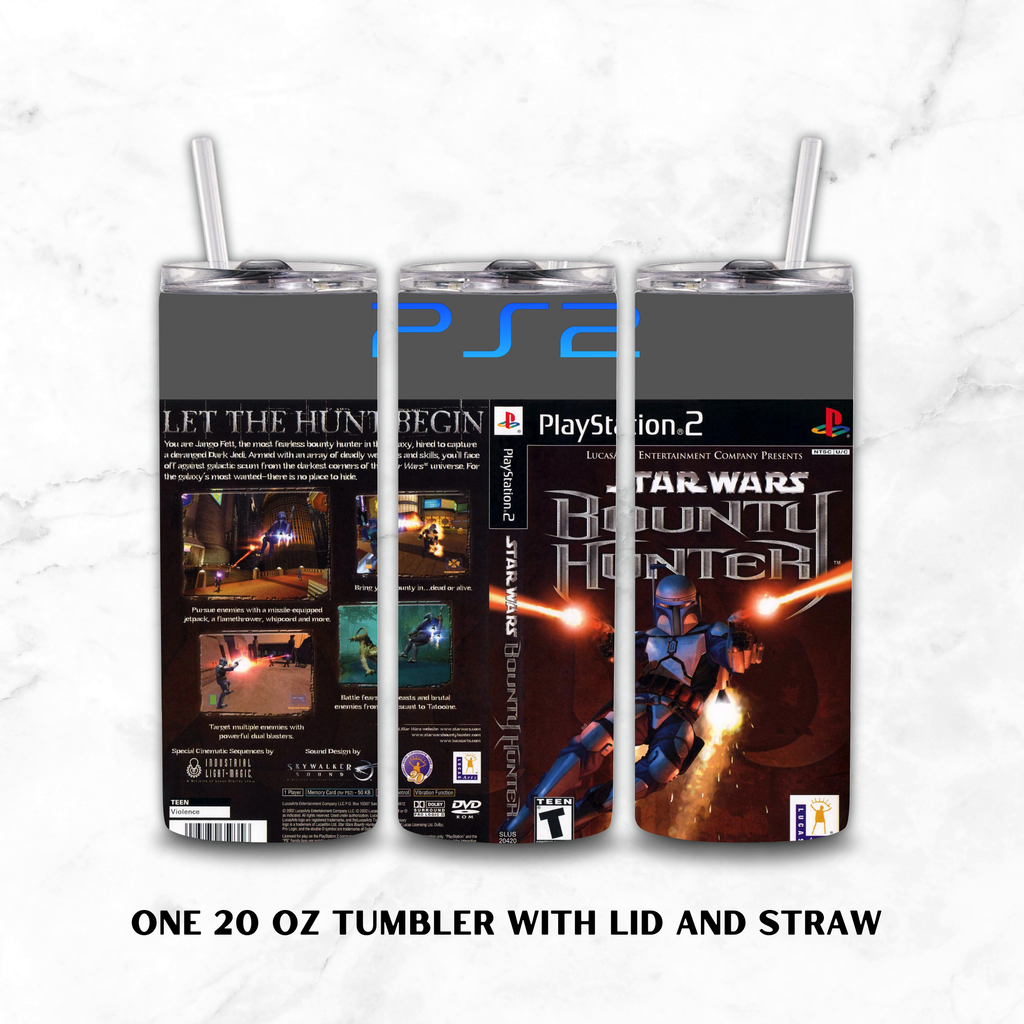 Three views of a 20 oz tumbler with lid and straw, featuring PlayStation 2 and Star Wars: Bounty Hunter 2 graphics, displayed on a white marble background.