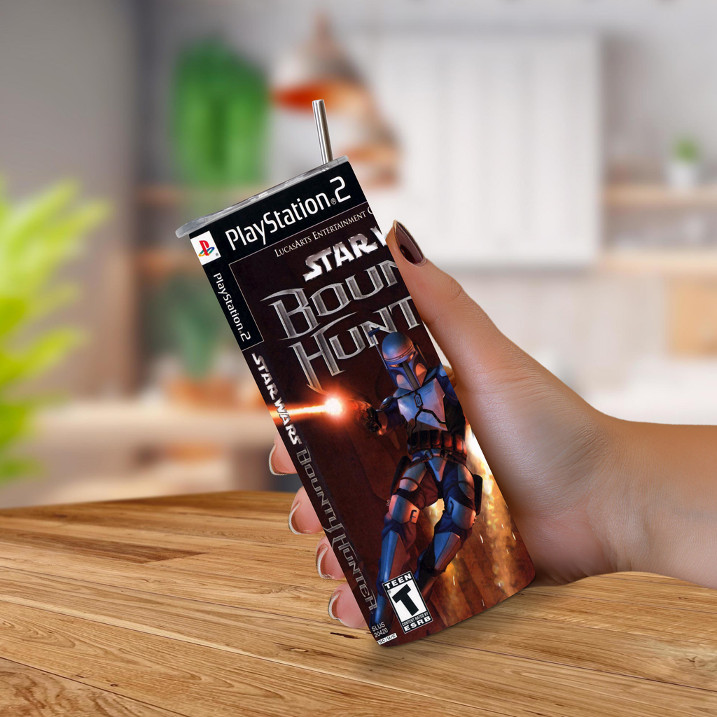 A hand holding a 20oz tumbler featuring Star Wars: The Bounty Hunter artwork, with a straw inserted at the top, set against a blurred indoor background.