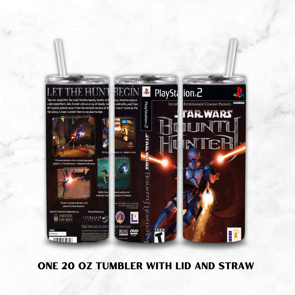 Three views of a 20 oz stainless steel tumbler with lid and straw, featuring a custom Star Wars Bounty Hunter PlayStation 2 themed wrap design, displayed on a white marble background.