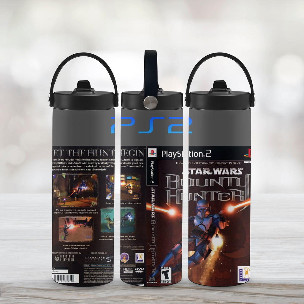 Three sports water bottle with 'PlayStation 2' and 'Star Wars: Bounty Hunter' branding on a light background.
